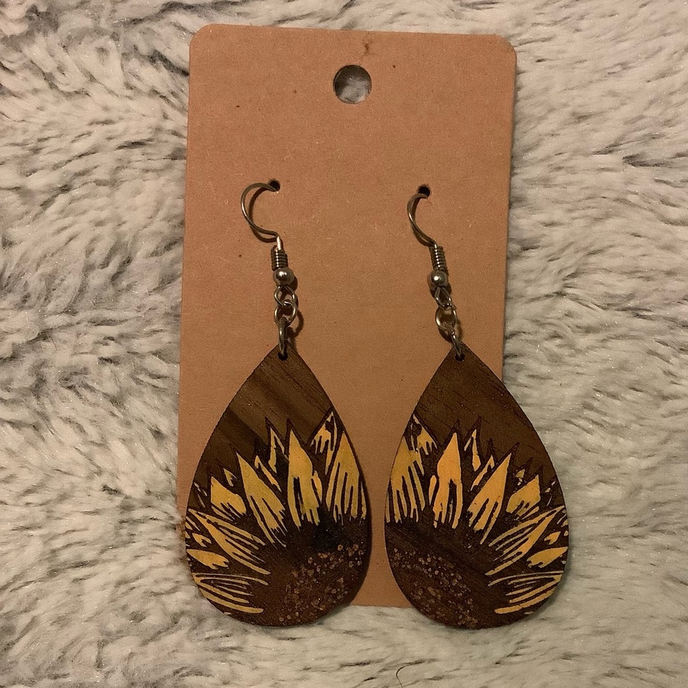 Wooden Sunflower Tear drop Earrings